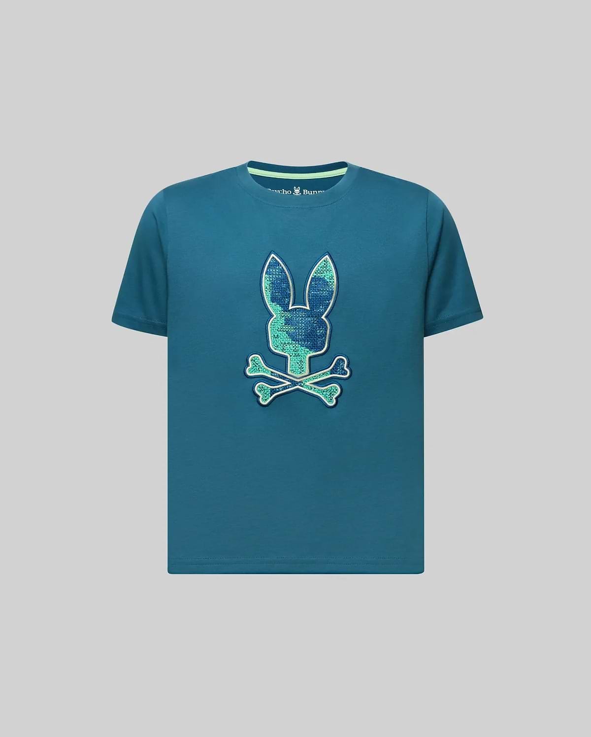 Kids Olivier Graphic Tee, a classic fit teal jersey knit t-shirt featuring a large, centered, textured green and light blue Psycho Bunny skull graphic with a white outline and a ribbed collar with a light green stripe. (1)