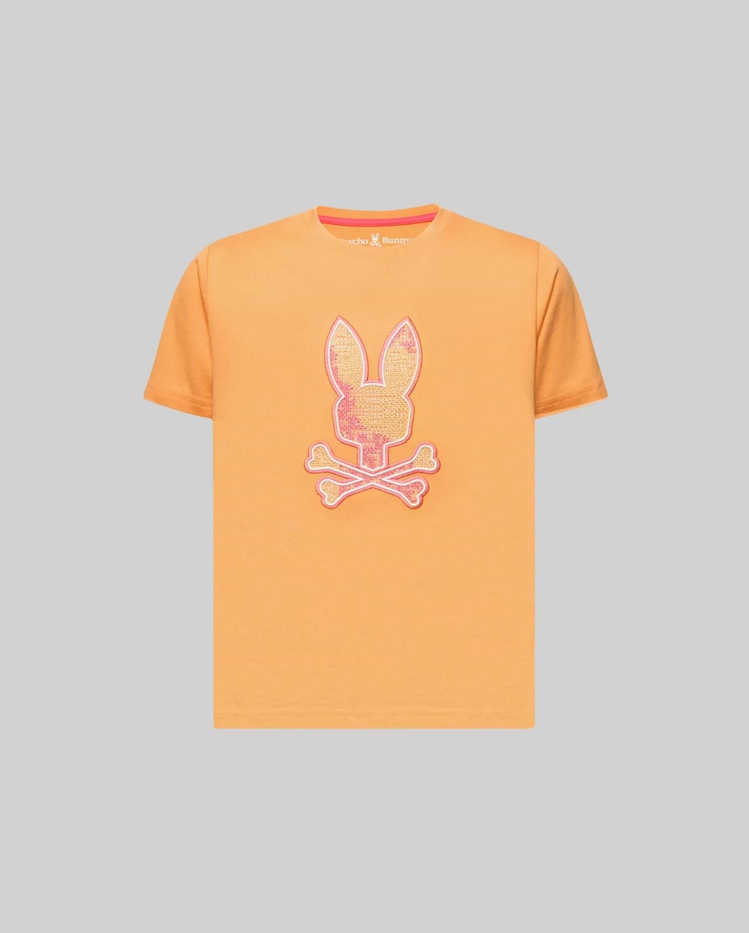 Kids Olivier Graphic Tee in orange jersey, featuring a large, glittery pink and white Psycho Bunny skull graphic on the chest and a pink inner neck tape. (1)