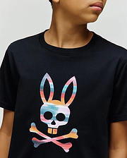 Kids Raphael Graphic Tee, a classic fit black jersey t-shirt with a large, vibrant, textured multi-color Psycho Bunny skull and crossbones graphic on the chest. (3)