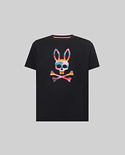 Black Kids Raphael Graphic Tee, classic fit, jersey knit, featuring a large, vibrant multi-color striped Psycho Bunny skull and crossbones graphic print on the chest, with an orange inner collar accent. (1)