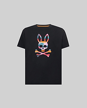 Black Kids Raphael Graphic Tee, classic fit, jersey knit, featuring a large, vibrant multi-color striped Psycho Bunny skull and crossbones graphic print on the chest, with an orange inner collar accent. (1)