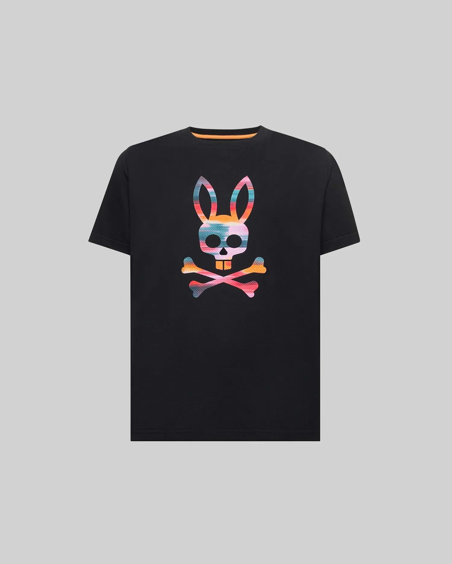Black Kids Raphael Graphic Tee, classic fit, jersey knit, featuring a large, vibrant multi-color striped Psycho Bunny skull and crossbones graphic print on the chest, with an orange inner collar accent. (1)