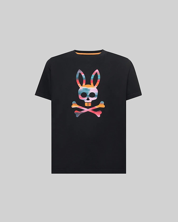 Black Kids Raphael Graphic Tee, classic fit, jersey knit, featuring a large, vibrant multi-color striped Psycho Bunny skull and crossbones graphic print on the chest, with an orange inner collar accent.