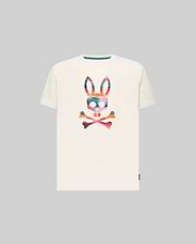 Kids Raphael Graphic Tee, a classic fit off-white jersey t-shirt featuring a large, vibrant multi-color striped Psycho Bunny skull graphic on the chest and a blue inner collar detail.