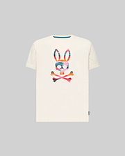 Kids Raphael Graphic Tee, a classic fit off-white jersey t-shirt featuring a large, vibrant multi-color striped Psycho Bunny skull graphic on the chest and a blue inner collar detail.