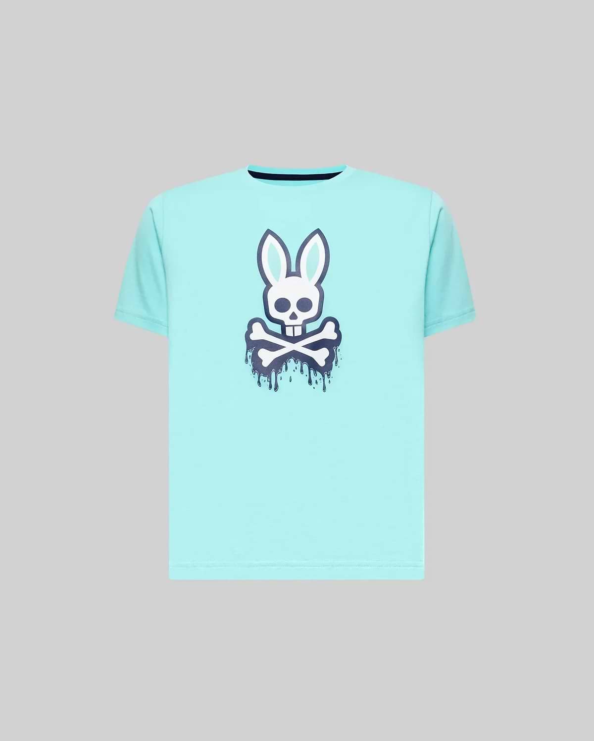 Kids Carl Graphic Tee in aqua, featuring a large white and navy blue Psycho Bunny skull graphic with a dripping effect on the chest, classic fit, smooth jersey fabric.