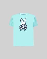 Kids Carl Graphic Tee in aqua, featuring a large white and navy blue Psycho Bunny skull graphic with a dripping effect on the chest, classic fit, smooth jersey fabric.