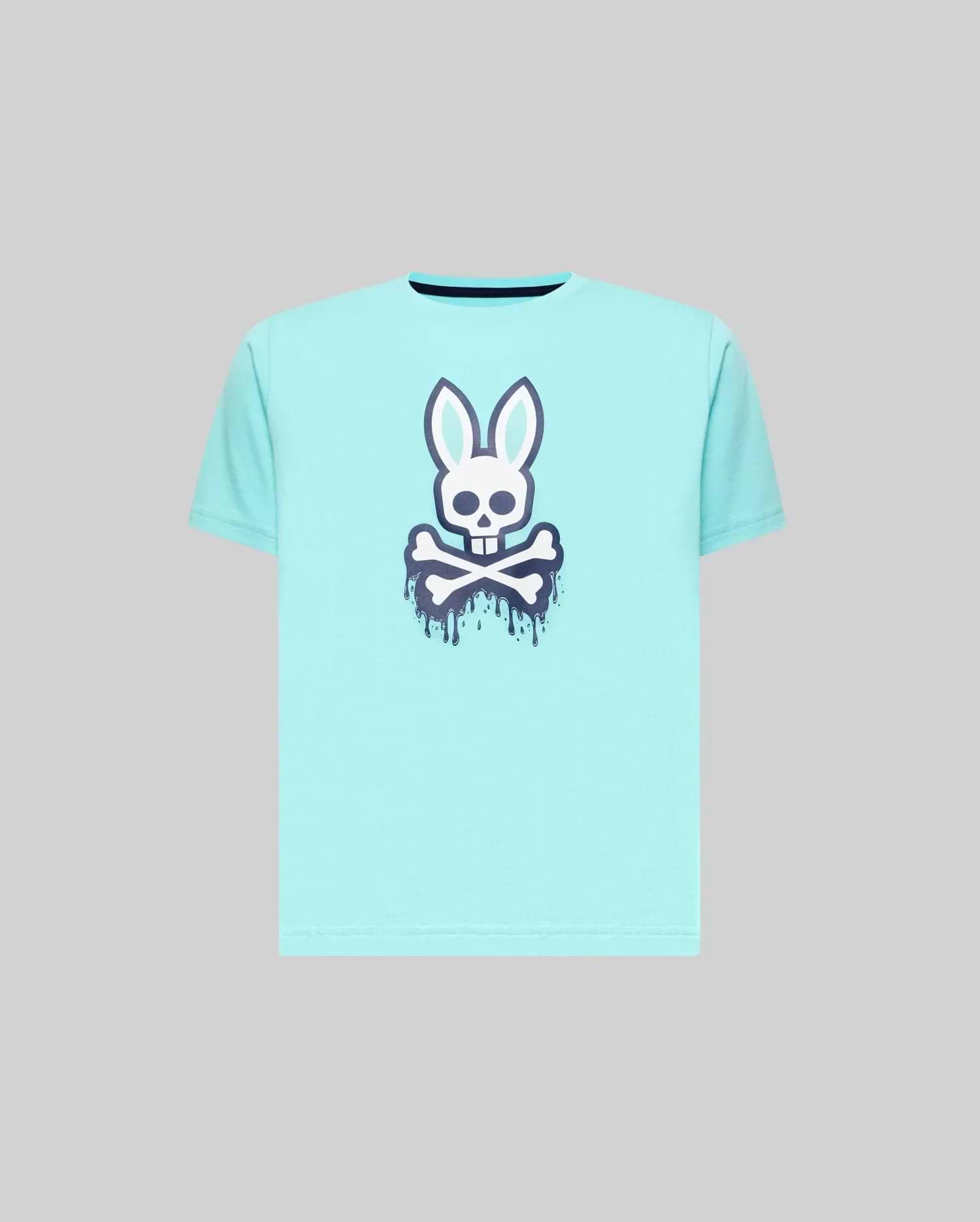 Kids Carl Graphic Tee in aqua, featuring a large white and navy blue Psycho Bunny skull graphic with a dripping effect on the chest, classic fit, smooth jersey fabric.