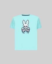 Kids Carl Graphic Tee in aqua, featuring a large white and navy blue Psycho Bunny skull graphic with a dripping effect on the chest, classic fit, smooth jersey fabric.