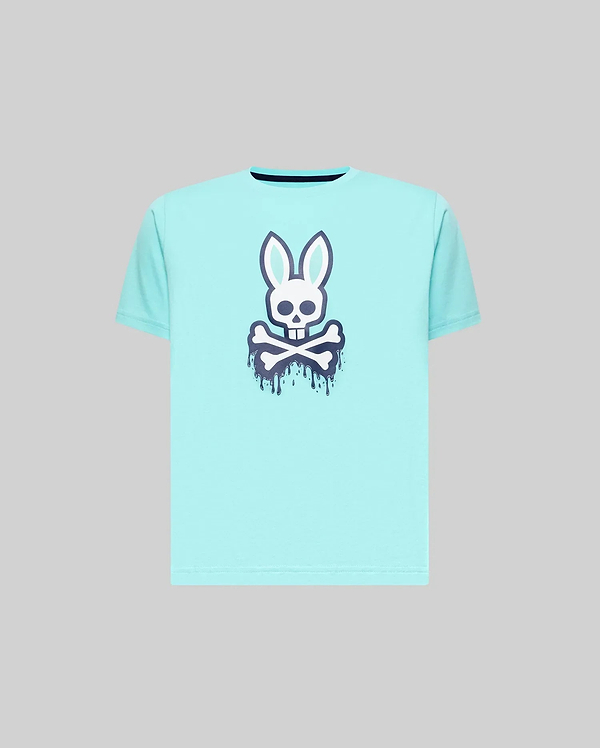 Kids Carl Graphic Tee in aqua, featuring a large white and navy blue Psycho Bunny skull graphic with a dripping effect on the chest, classic fit, smooth jersey fabric.