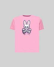 Kids Carl Graphic Tee, a classic fit pink jersey t-shirt featuring a large white and dark blue dripping Psycho Bunny skull logo centered on the chest.
