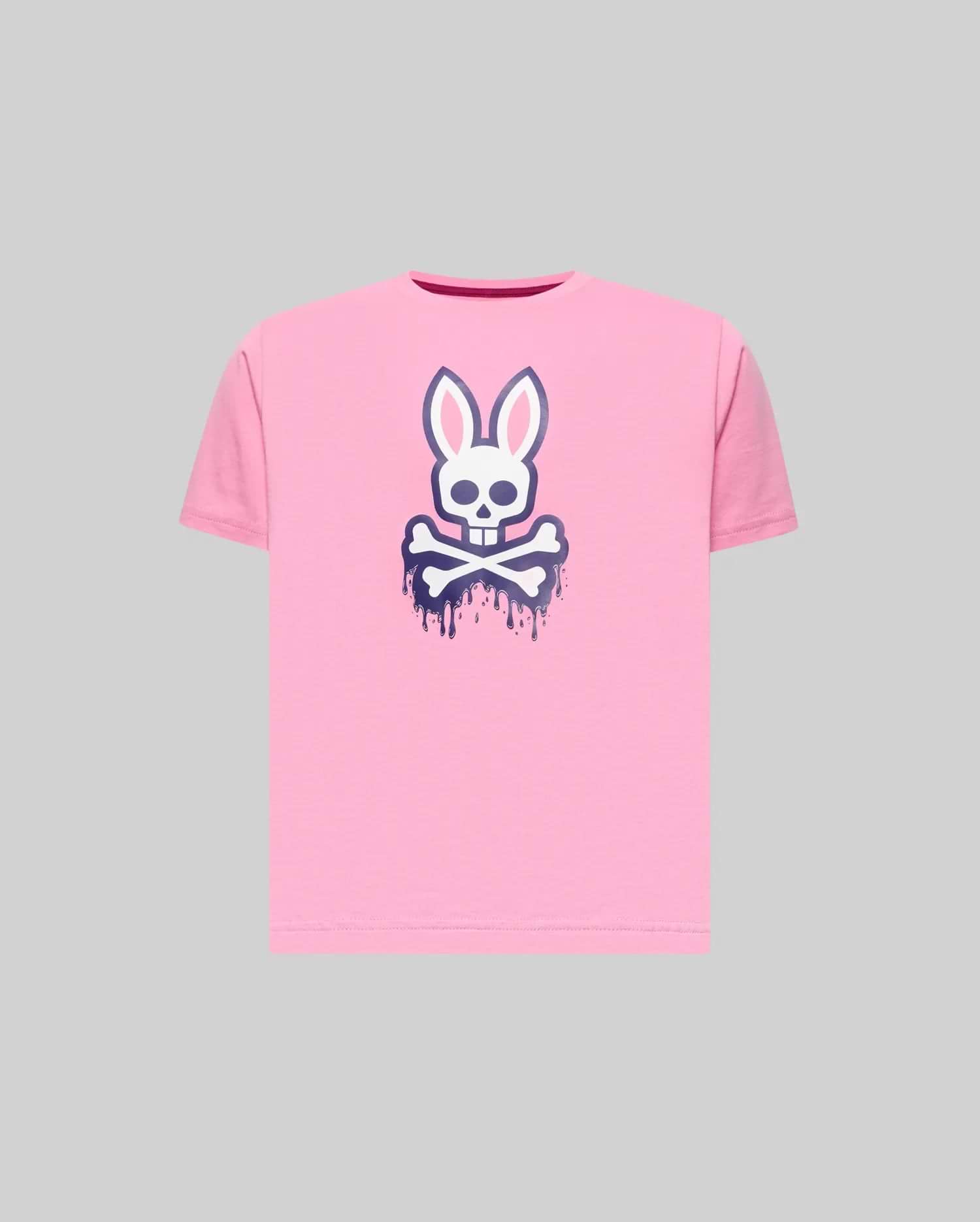 Kids Carl Graphic Tee, a classic fit pink jersey t-shirt featuring a large white and dark blue dripping Psycho Bunny skull logo centered on the chest.