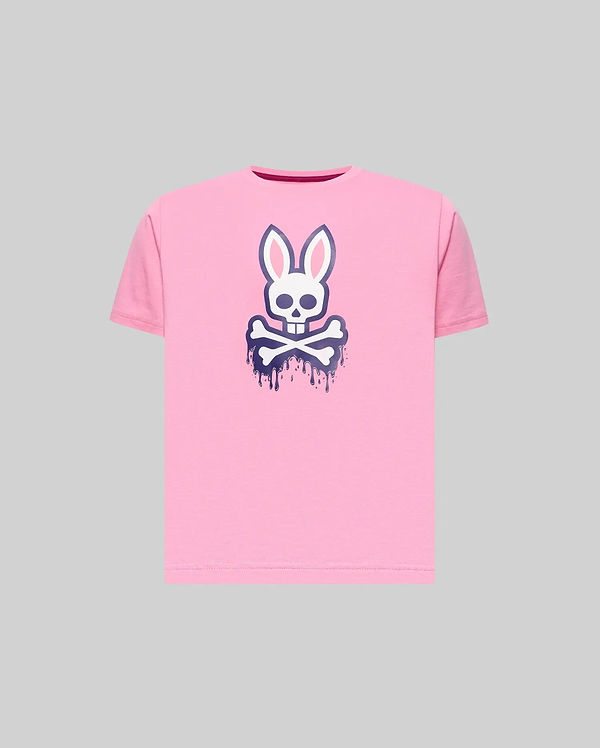 Kids Carl Graphic Tee, a classic fit pink jersey t-shirt featuring a large white and dark blue dripping Psycho Bunny skull logo centered on the chest.