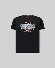 Kids Herman Graphic Tee, black classic fit jersey knit t-shirt with a large central textured light blue and pink Psycho Bunny skull logo graphic.