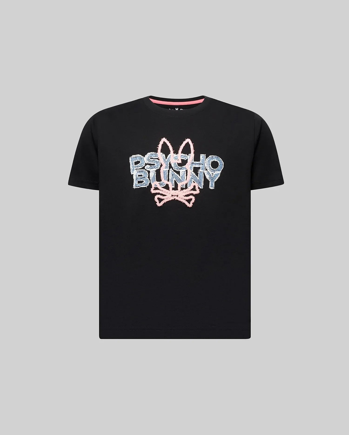 Kids Herman Graphic Tee, black classic fit jersey knit t-shirt with a large central textured light blue and pink Psycho Bunny skull logo graphic.