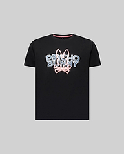 Kids Herman Graphic Tee, black classic fit jersey knit t-shirt with a large central textured light blue and pink Psycho Bunny skull logo graphic.