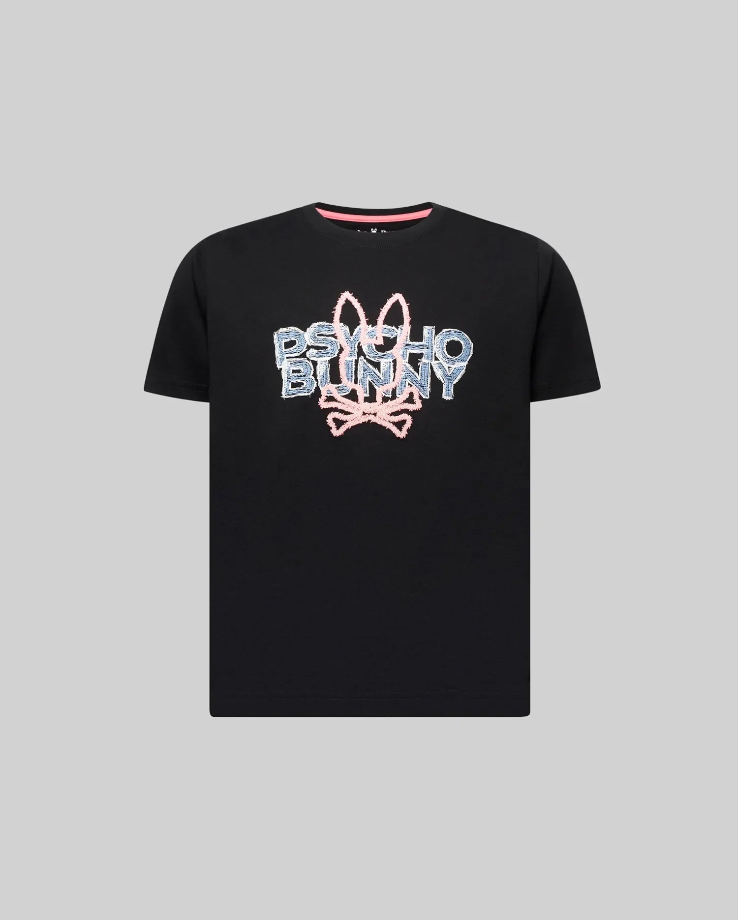 Kids Herman Graphic Tee, black classic fit jersey knit t-shirt with a large central textured light blue and pink Psycho Bunny skull logo graphic.