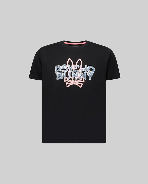 Kids Herman Graphic Tee, black classic fit jersey knit t-shirt with a large central textured light blue and pink Psycho Bunny skull logo graphic.