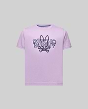 Kids Herman Graphic Tee, light purple, classic fit, soft jersey, featuring a large distressed dark blue Psycho Bunny skull logo and text print graphic on the chest. (1)