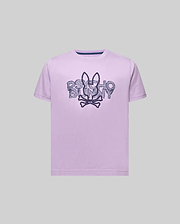 Kids Herman Graphic Tee, light purple, classic fit, soft jersey, featuring a large distressed dark blue Psycho Bunny skull logo and text print graphic on the chest. (1)