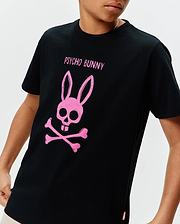 Black cotton jersey Kids Adler Graphic Tee with a large, distressed pink Psycho Bunny skull and crossbones graphic and PSYCHO BUNNY text on the chest, in a classic fit.