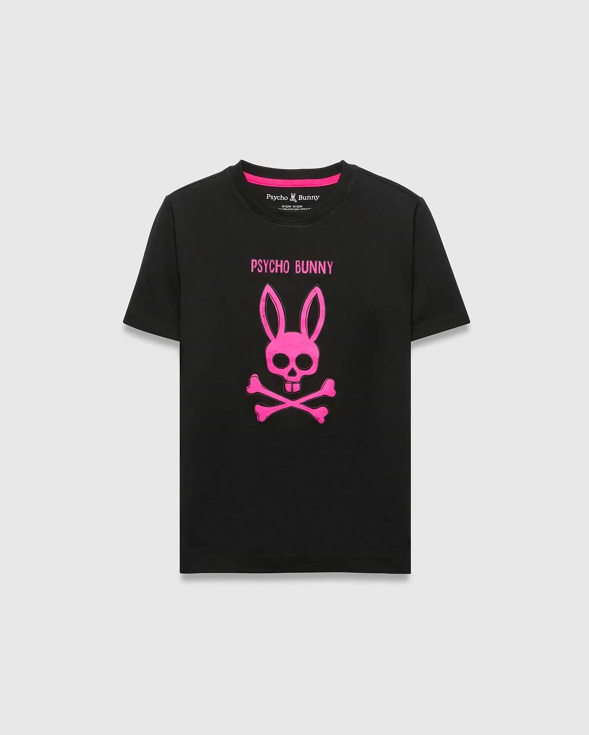 Kids Adler Graphic Tee: Black jersey t-shirt with a classic fit, featuring a large hot pink Psycho Bunny skull and crossbones graphic print and Psycho Bunny text on the chest, accented by a hot pink inner neck tape.