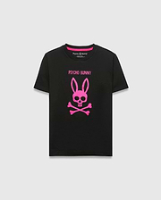 Kids Adler Graphic Tee: Black jersey t-shirt with a classic fit, featuring a large hot pink Psycho Bunny skull and crossbones graphic print and Psycho Bunny text on the chest, accented by a hot pink inner neck tape.