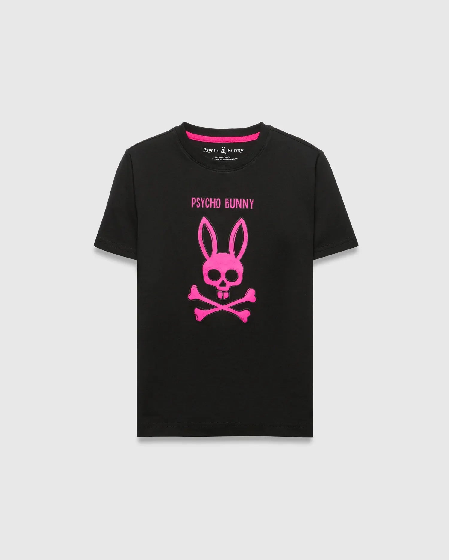Kids Adler Graphic Tee: Black jersey t-shirt with a classic fit, featuring a large hot pink Psycho Bunny skull and crossbones graphic print and Psycho Bunny text on the chest, accented by a hot pink inner neck tape.