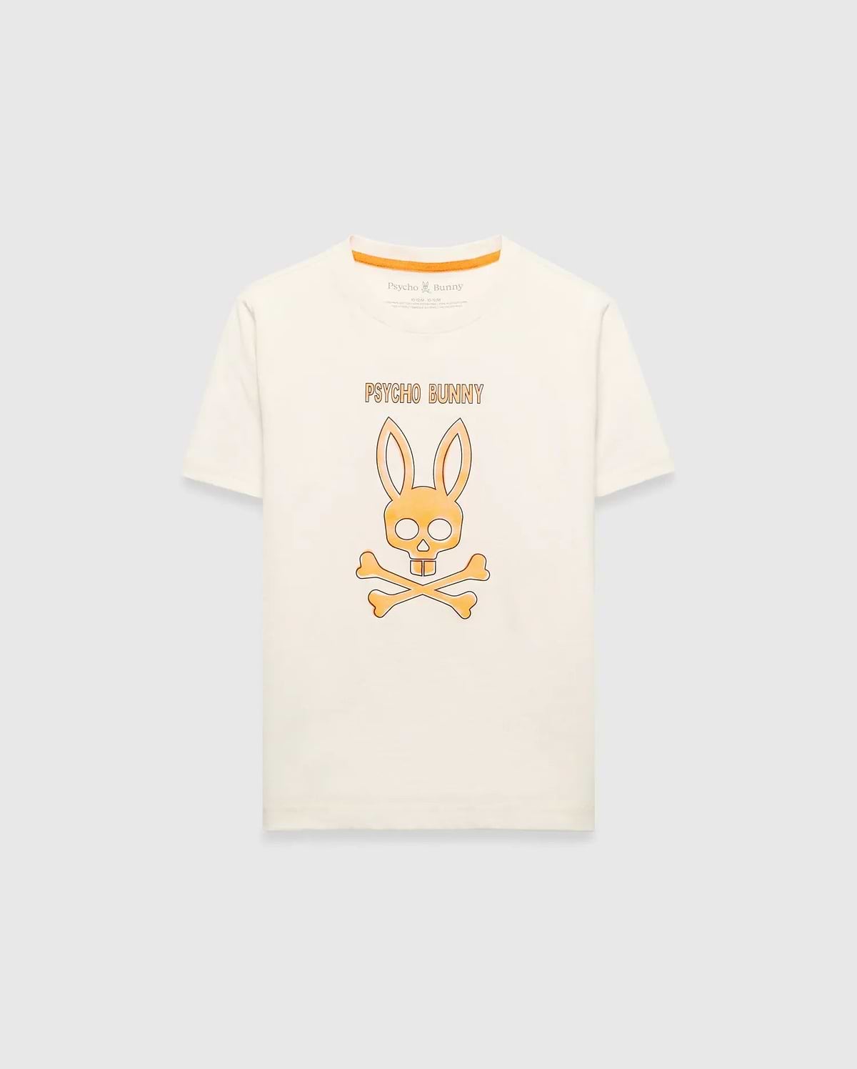 Kids Adler Graphic Tee, cream classic fit jersey t-shirt with a large central orange Psycho Bunny skull and crossbones graphic and PSYCHO BUNNY text, featuring an orange inner neck tape.