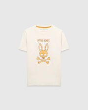 Kids Adler Graphic Tee, cream classic fit jersey t-shirt with a large central orange Psycho Bunny skull and crossbones graphic and PSYCHO BUNNY text, featuring an orange inner neck tape.