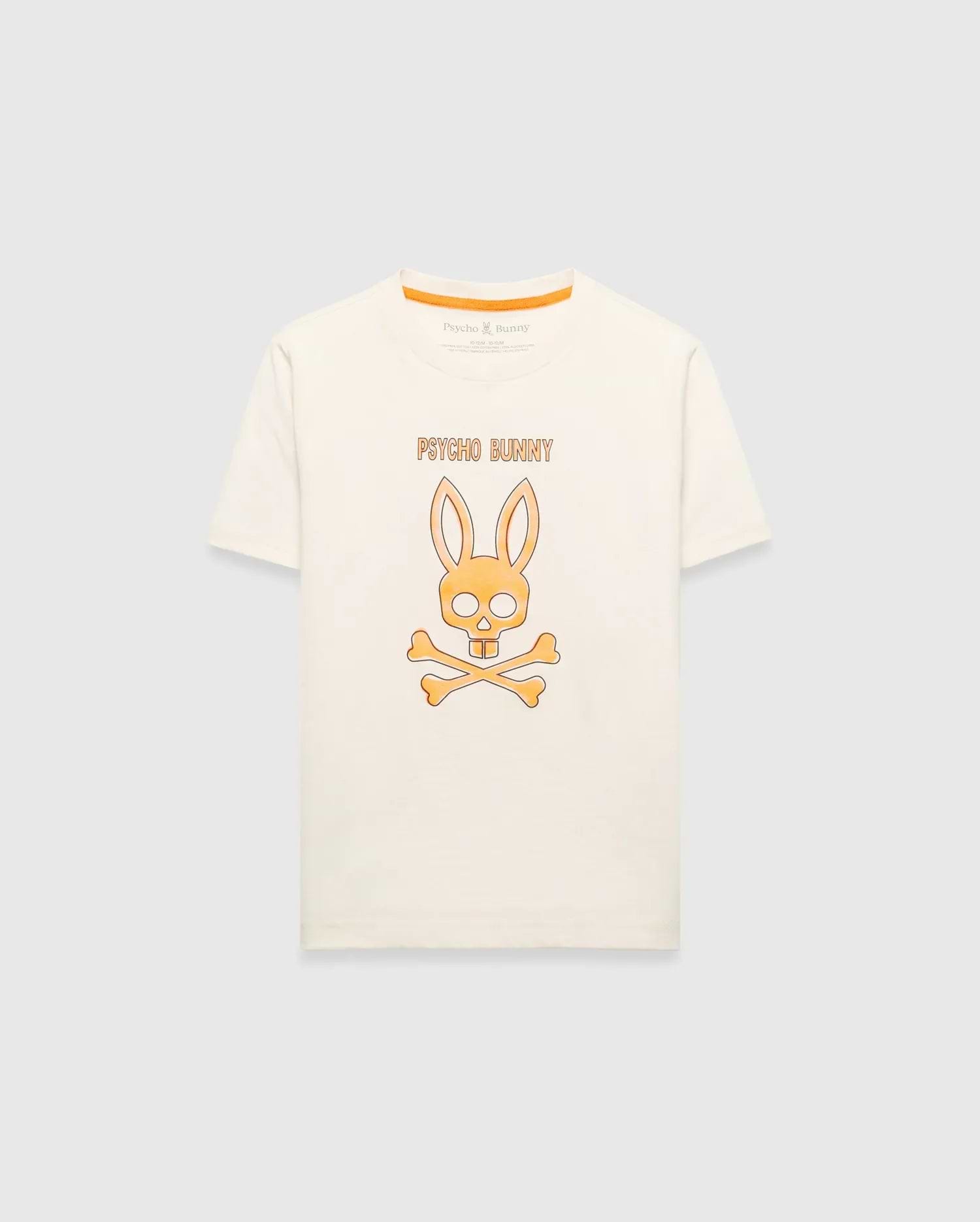 Kids Adler Graphic Tee, cream classic fit jersey t-shirt with a large central orange Psycho Bunny skull and crossbones graphic and PSYCHO BUNNY text, featuring an orange inner neck tape.