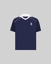 Kids Toby Jersey in navy blue, featuring a white spread collar, white shoulder piping, and an embroidered white Psycho Bunny skull logo on the left chest. Relaxed fit jersey knit.