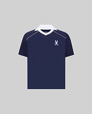 Kids Toby Jersey in navy blue, featuring a white spread collar, white shoulder piping, and an embroidered white Psycho Bunny skull logo on the left chest. Relaxed fit jersey knit.
