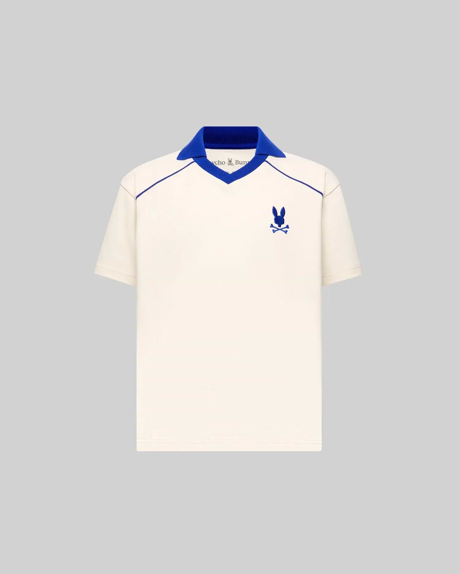 Kids Toby Jersey cream jersey polo with royal blue ribbed V-neck spread collar, V-neck and shoulder piping, and embroidered Psycho Bunny skull logo on the left chest, classic fit.