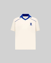 Kids Toby Jersey cream jersey polo with royal blue ribbed V-neck spread collar, V-neck and shoulder piping, and embroidered Psycho Bunny skull logo on the left chest, classic fit.