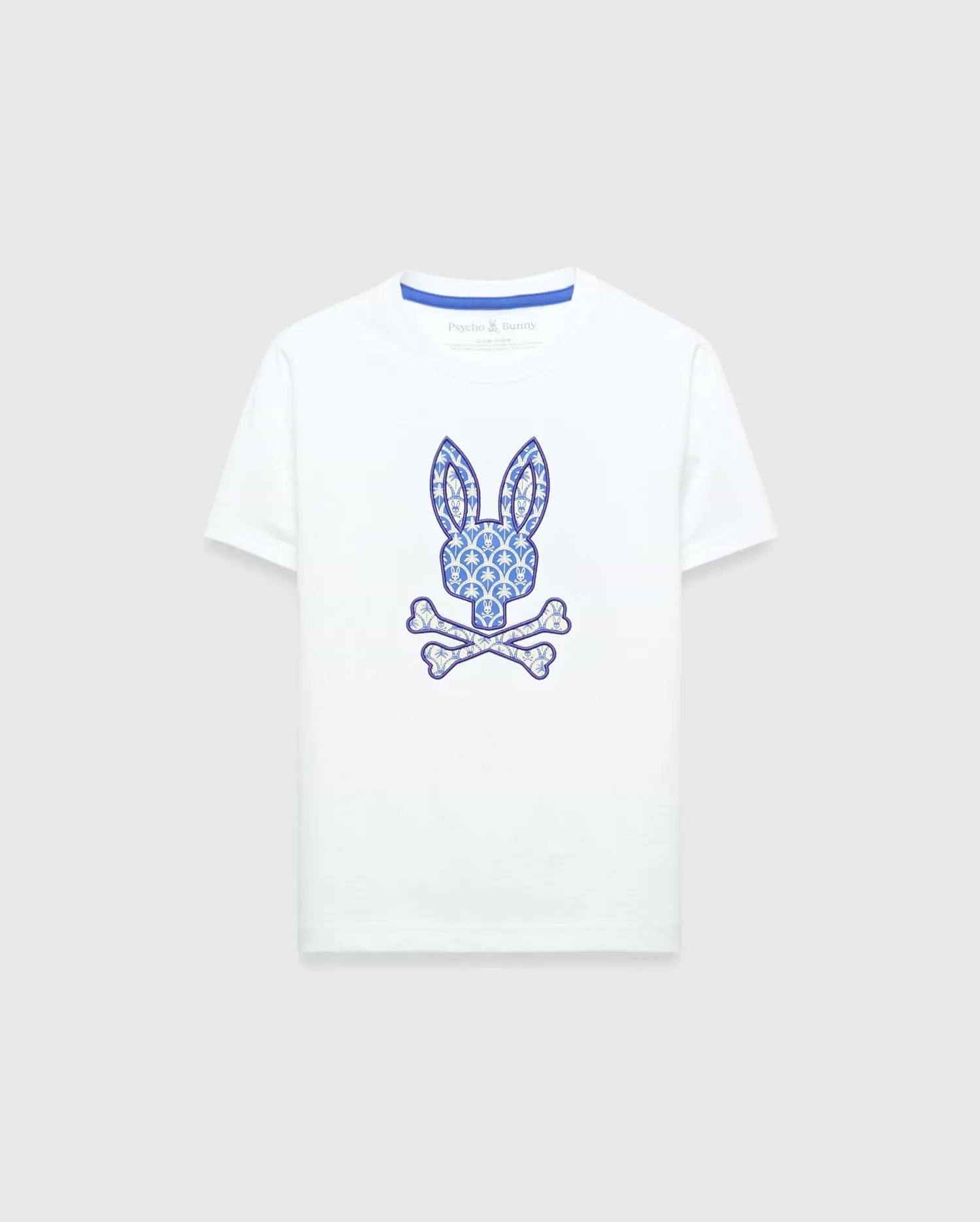 Kids Brad Graphic Tee, white classic fit smooth jersey t-shirt featuring a large central blue patterned Psycho Bunny skull logo graphic and blue inner neck tape.