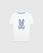 Kids Brad Graphic Tee, white classic fit smooth jersey t-shirt featuring a large central blue patterned Psycho Bunny skull logo graphic and blue inner neck tape.