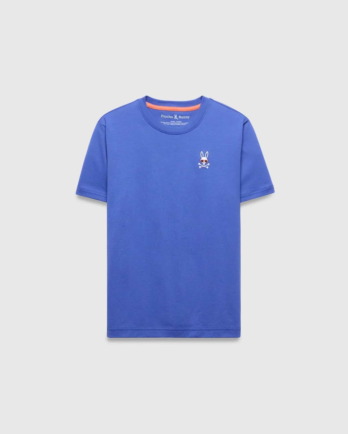 Kids Sunny Chest Graphic Tee, a vibrant blue classic fit jersey t-shirt featuring a small embroidered Psycho Bunny skull logo with sunglasses on the left chest and orange inner collar trim.