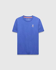 Kids Sunny Chest Graphic Tee, a vibrant blue classic fit jersey t-shirt featuring a small embroidered Psycho Bunny skull logo with sunglasses on the left chest and orange inner collar trim.