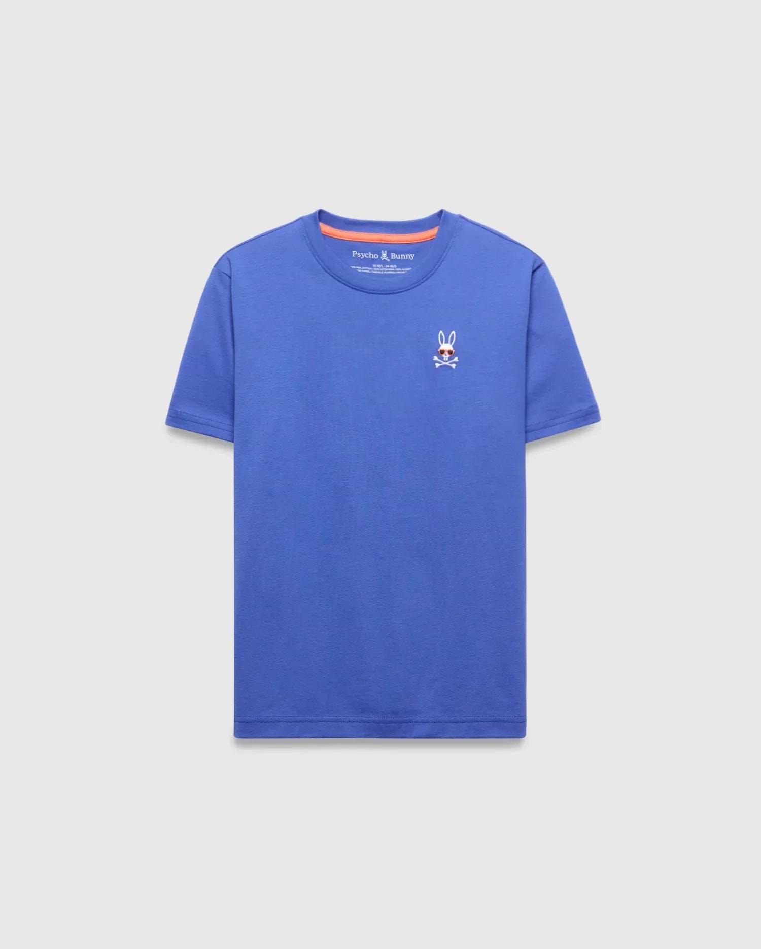 Kids Sunny Chest Graphic Tee, a vibrant blue classic fit jersey t-shirt featuring a small embroidered Psycho Bunny skull logo with sunglasses on the left chest and orange inner collar trim.