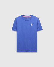 Kids Sunny Chest Graphic Tee, a vibrant blue classic fit jersey t-shirt featuring a small embroidered Psycho Bunny skull logo with sunglasses on the left chest and orange inner collar trim.