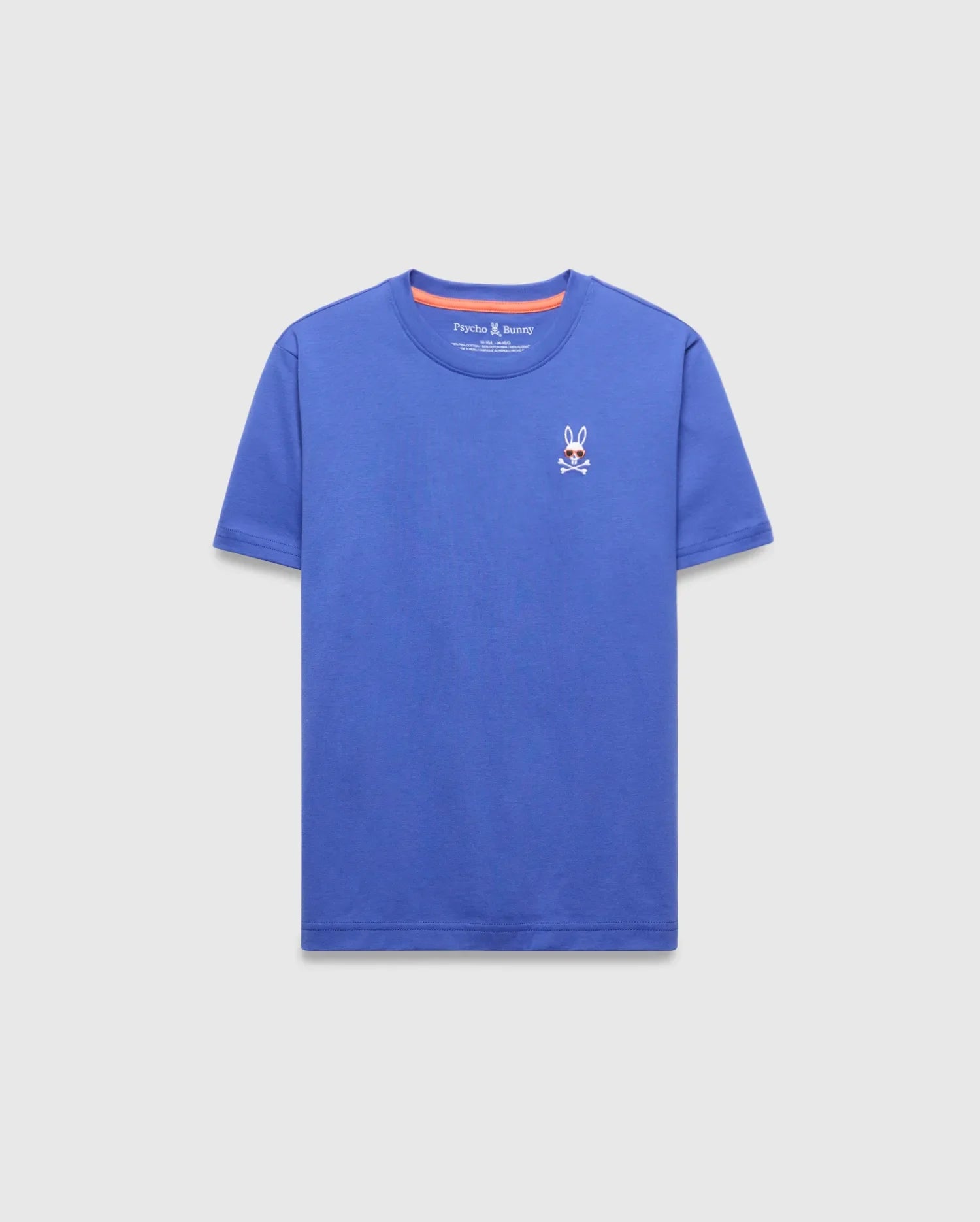 Kids Sunny Chest Graphic Tee, a vibrant blue classic fit jersey t-shirt featuring a small embroidered Psycho Bunny skull logo with sunglasses on the left chest and orange inner collar trim.