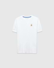 Kids Sunny Chest Graphic Tee, a classic fit white jersey t-shirt featuring a small, embroidered gold and black Psycho Bunny skull logo with sunglasses on the left chest and blue neck tape.