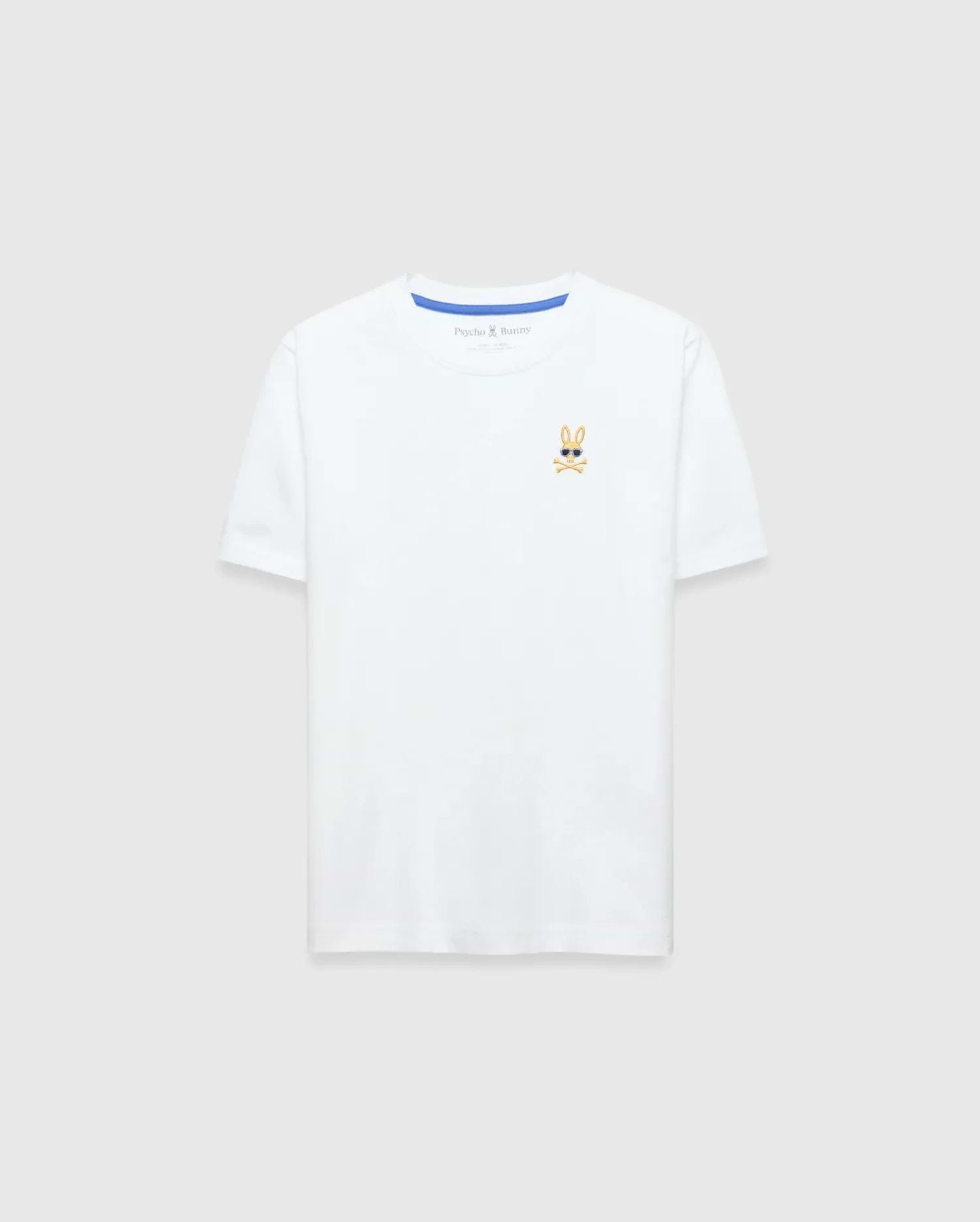 Kids Sunny Chest Graphic Tee, a classic fit white jersey t-shirt featuring a small, embroidered gold and black Psycho Bunny skull logo with sunglasses on the left chest and blue neck tape.