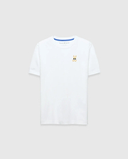 Kids Sunny Chest Graphic Tee, a classic fit white jersey t-shirt featuring a small, embroidered gold and black Psycho Bunny skull logo with sunglasses on the left chest and blue neck tape.