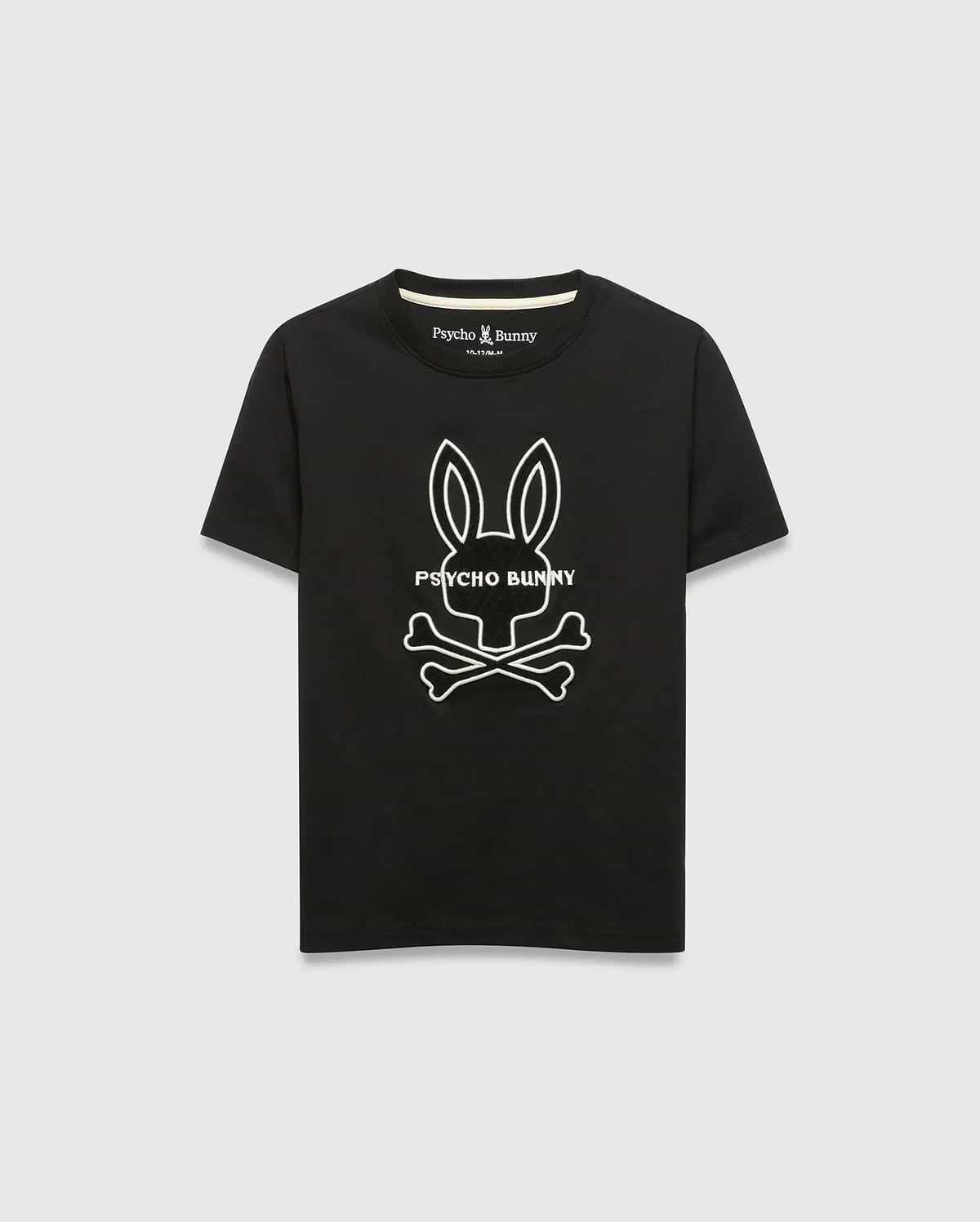 Kids Craig Graphic Tee, black jersey knit with a classic fit, featuring a large white outline Psycho Bunny skull logo and text centered on the chest. (1)