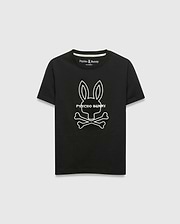 Kids Craig Graphic Tee, black jersey knit with a classic fit, featuring a large white outline Psycho Bunny skull logo and text centered on the chest. (1)