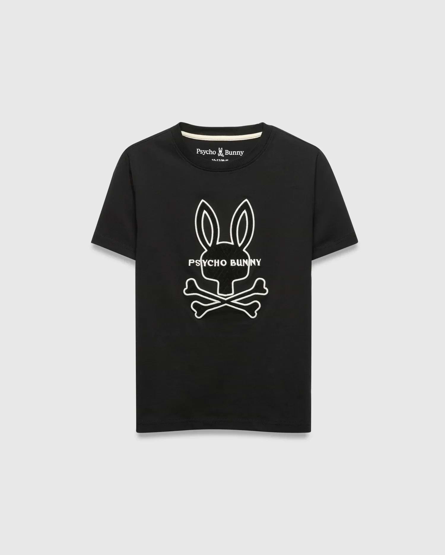 Kids Craig Graphic Tee, black jersey knit with a classic fit, featuring a large white outline Psycho Bunny skull logo and text centered on the chest. (1)