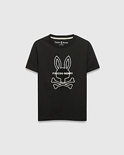 Kids Craig Graphic Tee, black jersey knit with a classic fit, featuring a large white outline Psycho Bunny skull logo and text centered on the chest. (1)