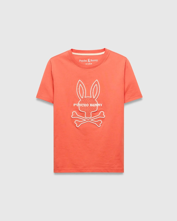 Kids Craig Graphic Tee, a classic fit coral jersey knit t-shirt featuring a large white embroidered Psycho Bunny skull and crossbones logo with PSYCHO BUNNY text on the chest.